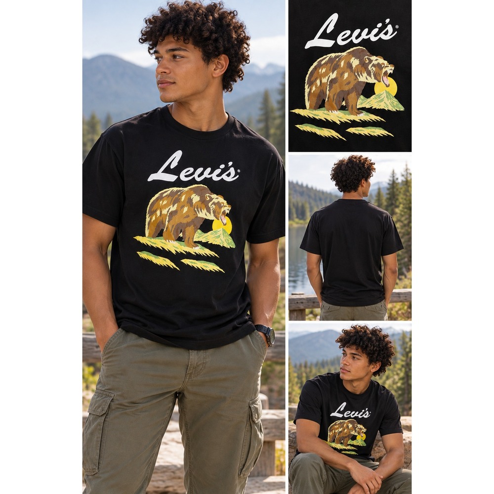 Levi's Black Graphic T-Shirt with Bear Design Cotton Casual Short Sleeve Size S